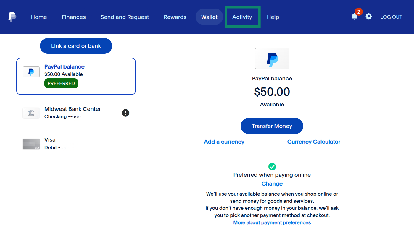 A highlighted "Activity" option in PayPal highlighted.