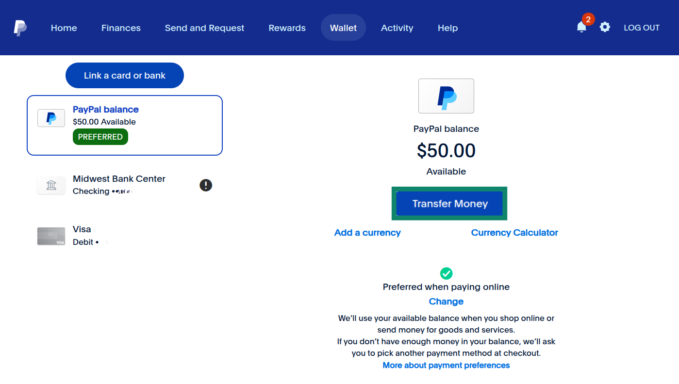PayPal's Wallet screen, with a highlighted "Transfer Money" button.